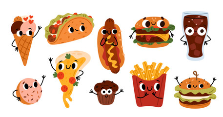 Fototapeta premium Fast food funny characters. Cartoon cute street meal with smiling faces. Pizza and burger. Junk snacks. Happy tacos. Hamburger mascot. French fries. Hotdog or ice cream. Garish vector set