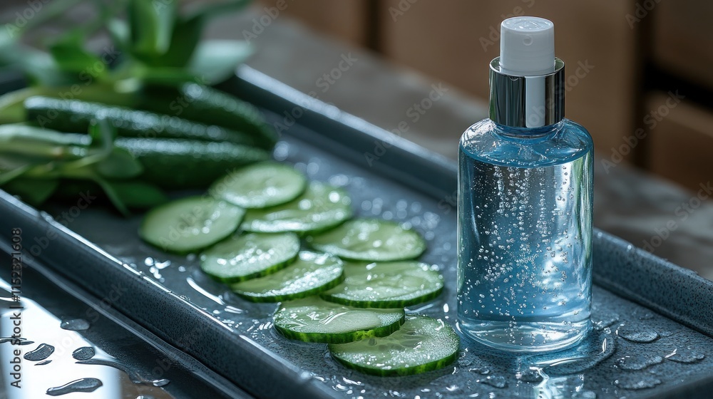 Poster refreshing cucumber face mist spray bottle and sliced cucumbers on a tray.