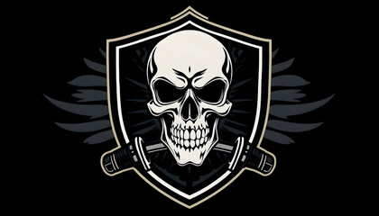 illustration of skull biker in shield, vintage logo style, ai generate, retro style, with white tones