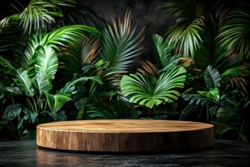 Obraz premium Wooden podium against lush green tropical plants background