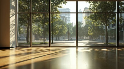 Modern empty room with large window overlooking the street in a contemporary building during daylight