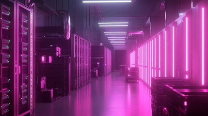 Fototapeta premium Data center infrastructure high-tech facility digital environment neon lighting futuristic design technology concepts