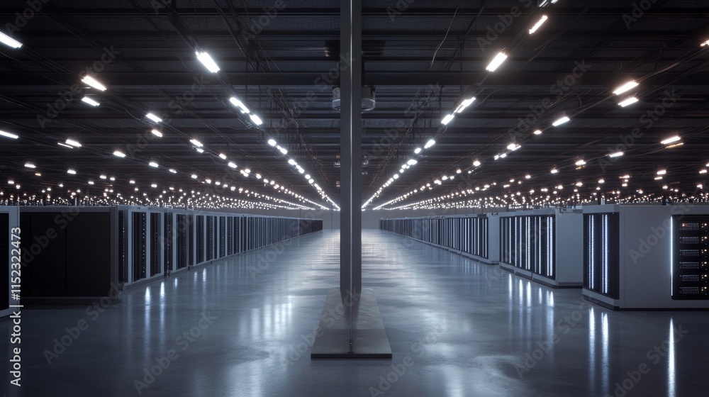 Poster data center operations modern facility infrastructure high-tech environment wide-angle view digital 