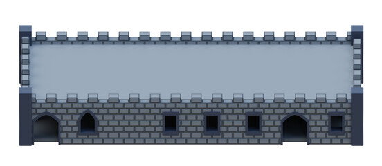 Gray brick medieval building isometric front style fortress. 3d rendering.	