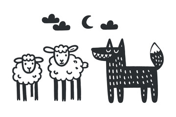 Minimalistic hand drawn wolf and sheep illustration in bold black lines	