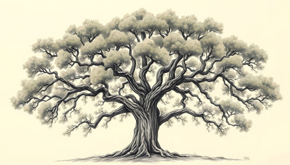 A Branched Oak Tree - A Heartwarming Family Tree with Stunning Engravings, Hand Drawn in a Vintage Style, collage style, with white tones