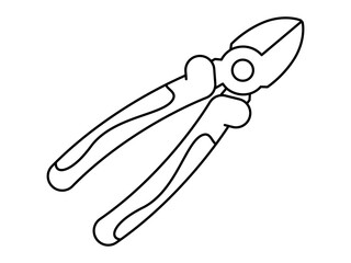 Hand drawn cute outline illustration of cutting pliers instrument. Flat vector repair tool in line art doodle. Support service hardware icon. Settings or fix problem. Find solution. Isolated.