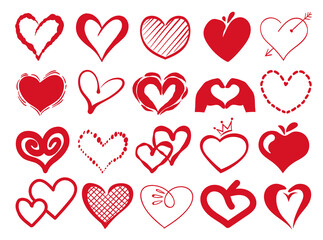 Doodle red hearts. Cute decorative love symbols. Valentines day. Romantic elements. Hand drawn sketch signs. Romance and passion icons. Paintbrush graphic flat shapes. Splendid vector set