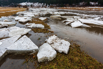 Ice floes in the river Mures. After a very cold period winter and after the ice begins to melt in the early spring, it started to flow downstream from the Mureș river in Transylvania, Romania.