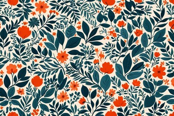 a close up of a floral pattern with orange and blue flowers