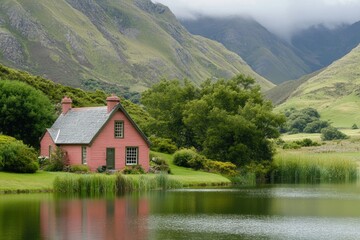 Fototapeta premium Serene Pink House Nestled by Calm Waters and Lush Greenery in a Magical Mountain Landscape Under a Cloudy Sky