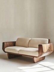 Modern wooden sofa in trendy, white studio