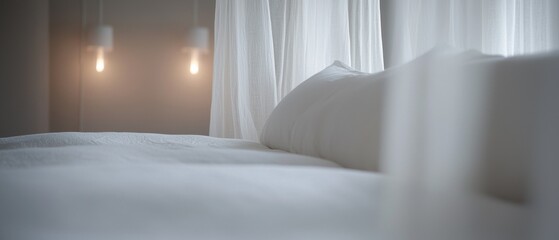 A white bed with a white pillow and a white sheet
