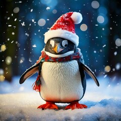 A Bubbly penguin with a Christmas hat on dancing in the snow