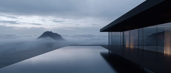 A mountain is in the background of a house with a pool