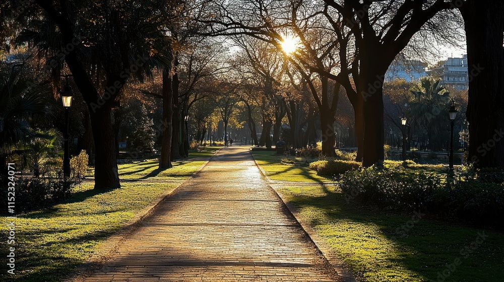 Poster sunlit path through park with trees and grass.