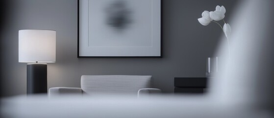 A black lamp sits on a table next to a white chair