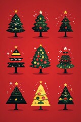 Obraz premium A diverse set of Christmas tree icons in flat design style with festive decorations, stars, and ornaments on a red background