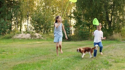 Cute happy boy and girl running barefoot with butterfly net on grass on summer day during walk with dog. Concept of country vacation, summer holidays, happy childhood, young explorer of nature