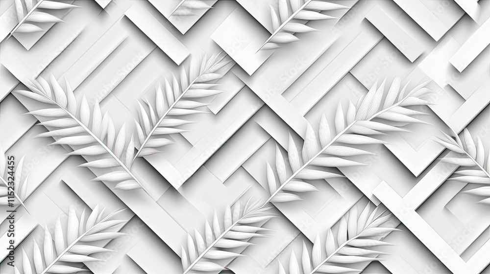 Poster detailed 3d seamless pattern showcases palm leaves intricately arranged on a light gray textured bac