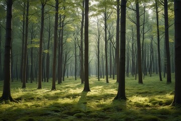 Obraz premium trees in a forest with green grass and sun shining through the trees