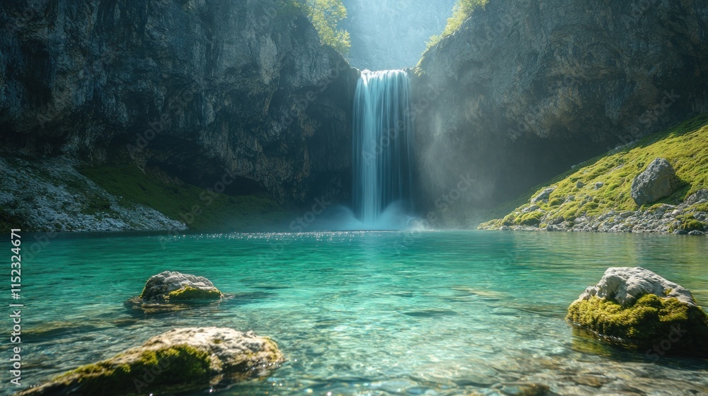 Poster sunlit waterfall cascading into a pristine turquoise pool nestled within a dramatic cliffside.