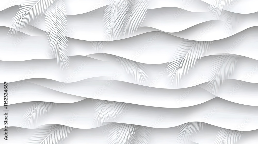 Poster detailed 3d seamless pattern showcases palm leaves intricately arranged on a light gray textured bac