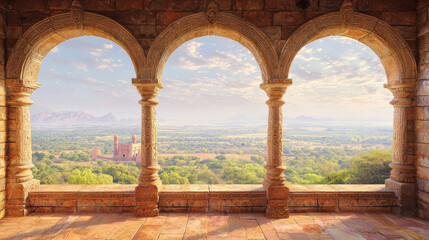 Breathtaking View from Historic Archways Overlooking Lush Landscape and Ancient Structures in a Serene Natural Setting during Golden Hour
