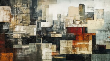 Abstract composition with geometric shapes and muted colors, evoking urban landscapes.
