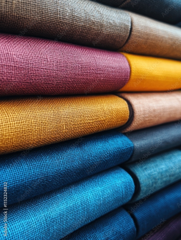 Poster stack of colorful fabric rolls in various textures and shades.