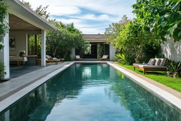 Tranquil Outdoor Oasis Featuring a Serene Swimming Pool Surrounded by Lush Greenery and Relaxing Loungers in a Modern Architectural Setting