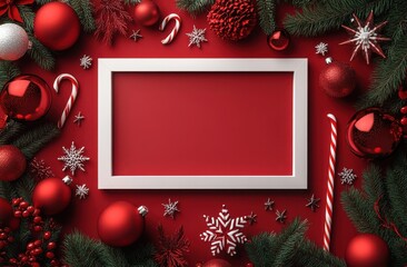White rectangular frame surrounded by red and white christmas decorations including candy canes, baubles, and stars on a vibrant festive background
