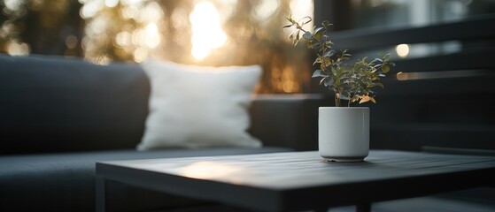 A potted plant sits on a table next to a couch