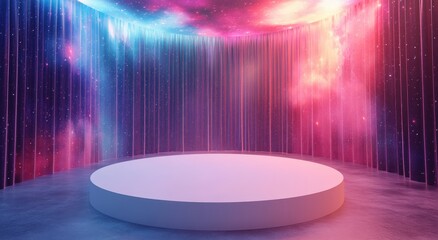 White round podium on the floor with colorful backdrop and curtains, illuminated by soft sunlight