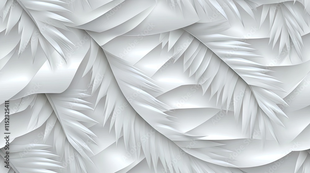 Poster Detailed 3D seamless pattern showcases palm leaves intricately arranged on a light gray textured background with a relief effect. SEAMLESS PATTERN