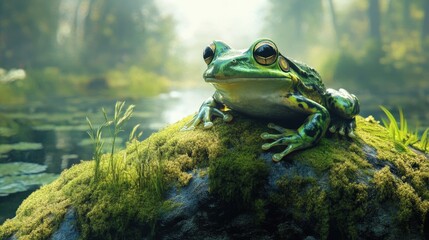 Obraz premium a green frog sits on a mossy rock in a forest