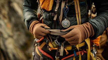 Climber preparing for ascent mountain range adventure photography rocky terrain close-up outdoor exploration