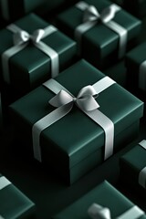 Elegant dark green gift box with a white ribbon partially unwrapped among other identical boxes