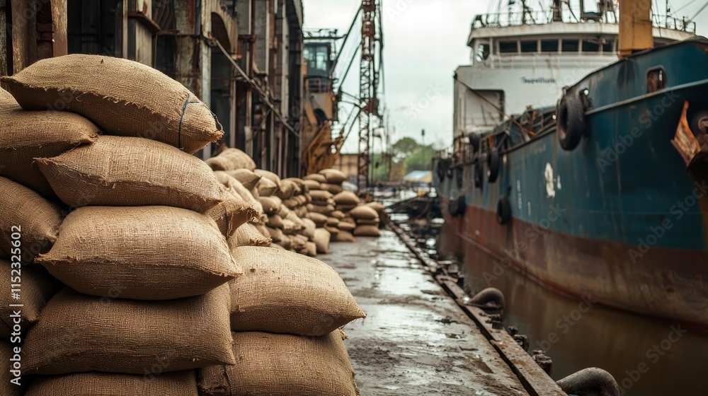 Poster cargo area with burlap sacks and a rusting ship in a bustling port setting.