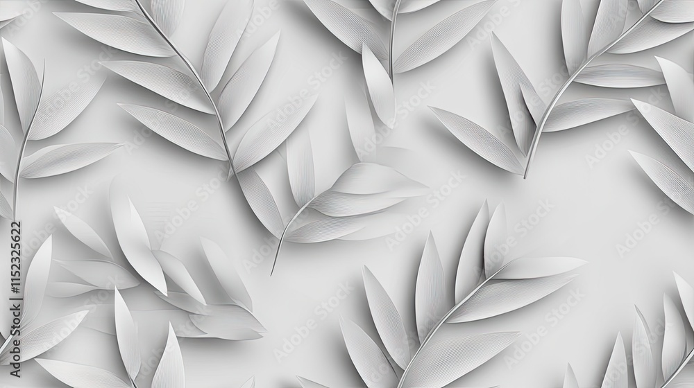 Poster Detailed 3D seamless pattern showcases palm leaves intricately arranged on a light gray textured background with a relief effect. SEAMLESS PATTERN