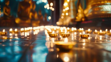 Candle Lighting Ceremony in a Serene Temple Setting