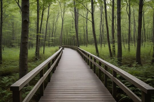 arafed wooden bridge in a forest with tall trees