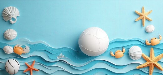 Vibrant blue water background with cartoon-style waves, featuring starfish, seashells, a playful crab, and a beach ball, perfect for summer-themed designs and playful aquatic concept illustrations.