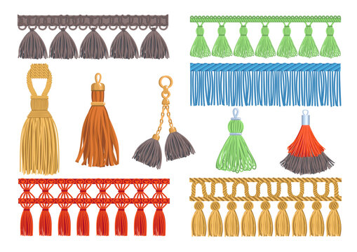 Decorative fringe with tassels. Fabric elements. Sewing accessories. Thread pendants and trinkets for curtain design. Upholstery clothes brushes. Cord embellishment. Splendid vector set