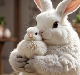 Obraz premium Easter bunny holding a small fluffy white chick in its arms, decoration, spring