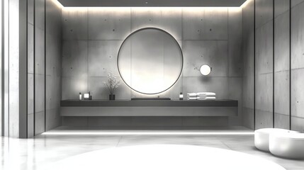 modern bathroom design, modern bathroom design featuring a floating vanity, frameless mirrors, matte black fixtures, and ambient light strips on a smooth concrete backdrop