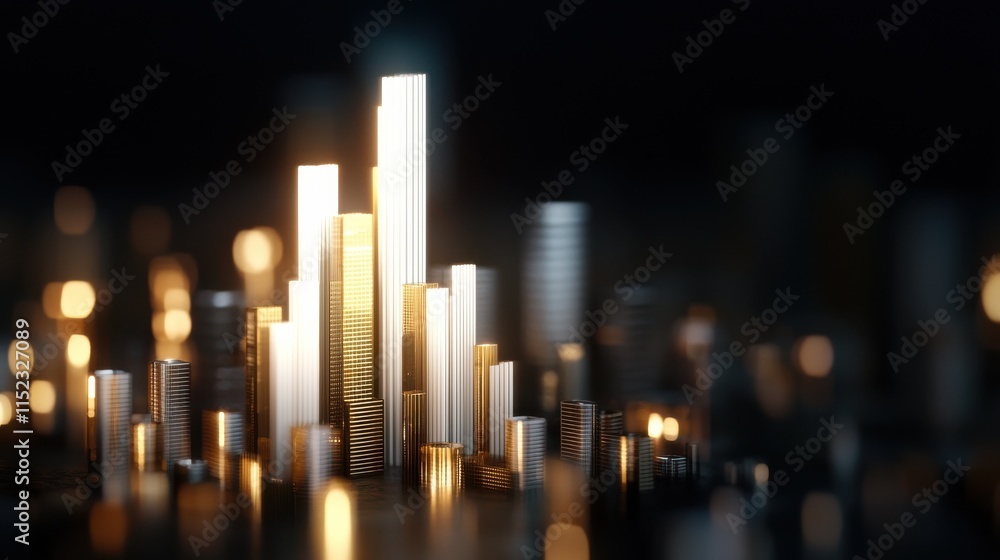 Poster glowing gold and white bar graph displaying abstract economic growth digital space 3d visualization 
