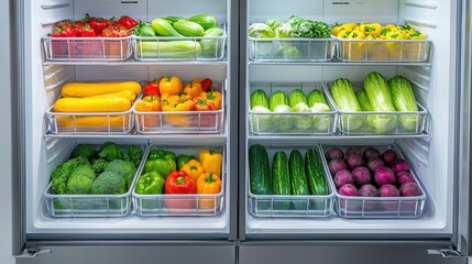 Fresh produce display in bright refrigerator kitchen setting food colorful environment eye-level view