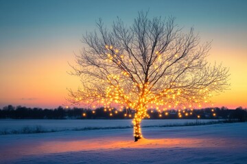 Naklejka premium Serene Winter Evening Landscape Featuring a Bare Tree Adorned with Twinkling Lights Against a Colorful Sunset Sky Over a Snowy Field