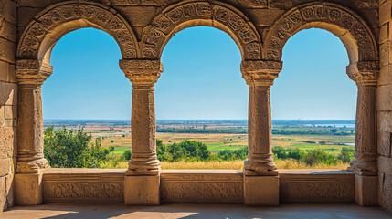 Fototapeta premium Scenic View from Ancient Arched Columns Overlooking Lush Green Fields and Clear Blue Skies in a Historical Landscape Setting